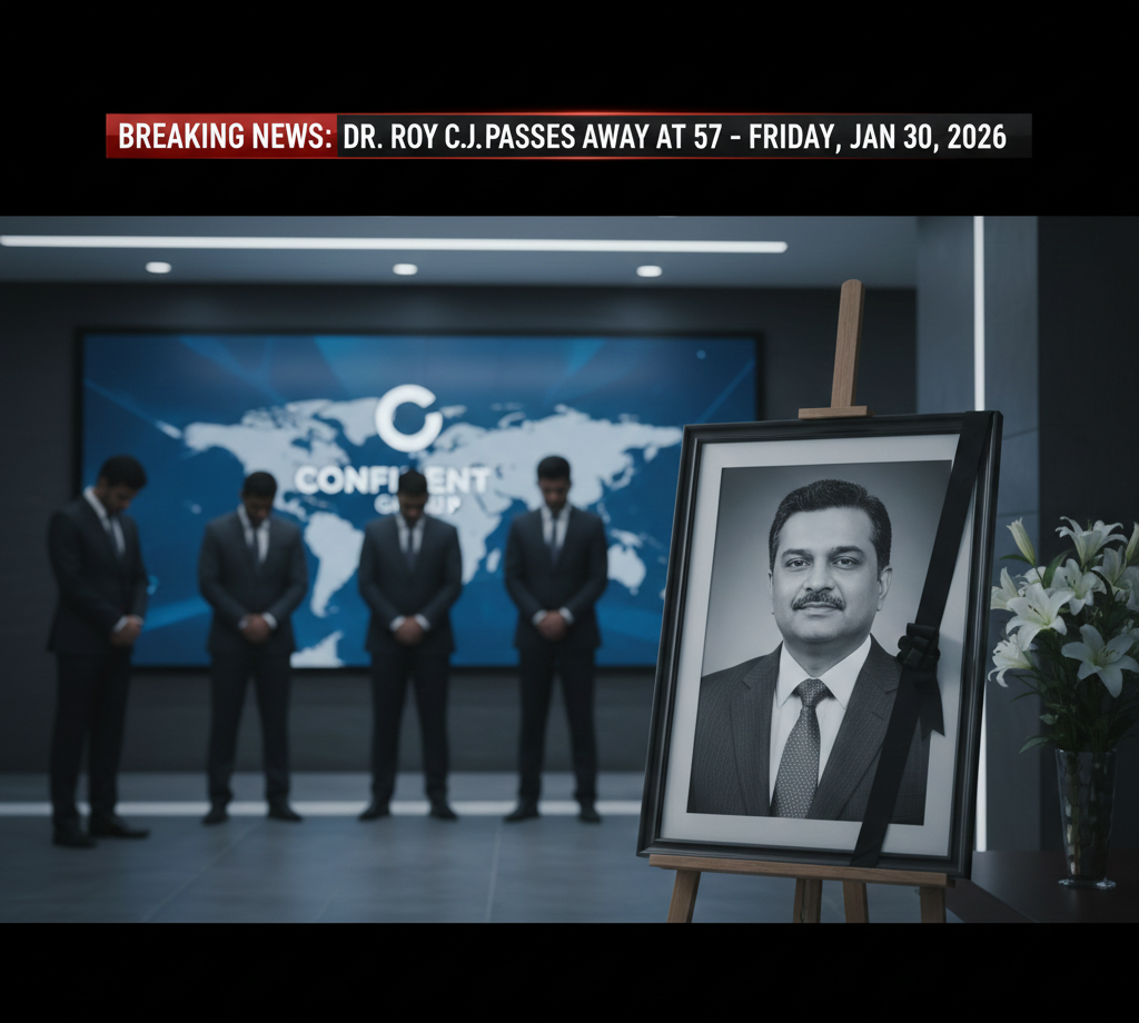 A memorial scene featuring a black-and-white portrait of Dr. Roy C.J. on an easel with a black ribbon. In the background, four men in suits stand with heads bowed in a moment of silence in front of a Confident Group digital display.