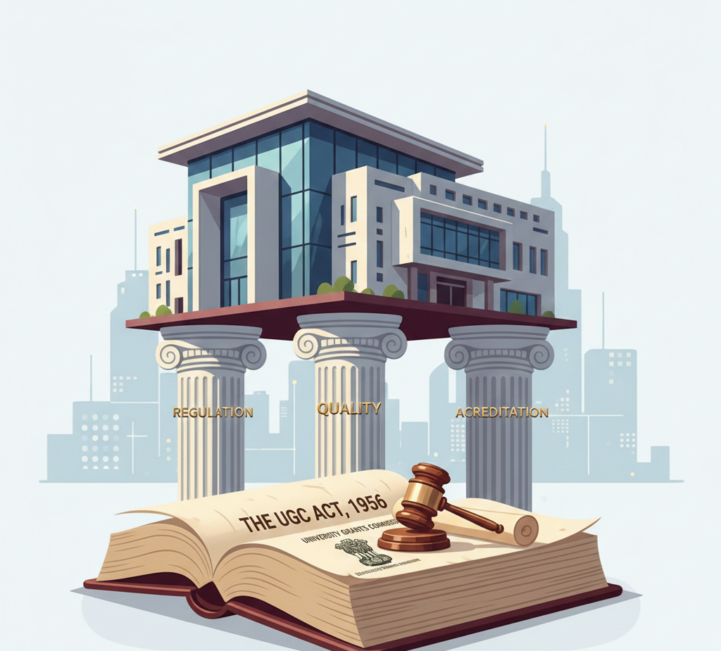 A conceptual 3D illustration showing a modern university building resting on three classical pillars labeled "Regulation," "Quality," and "Accreditation." In the foreground, an open law book titled "The UGC Act, 1956" sits with a wooden gavel and a scroll.
