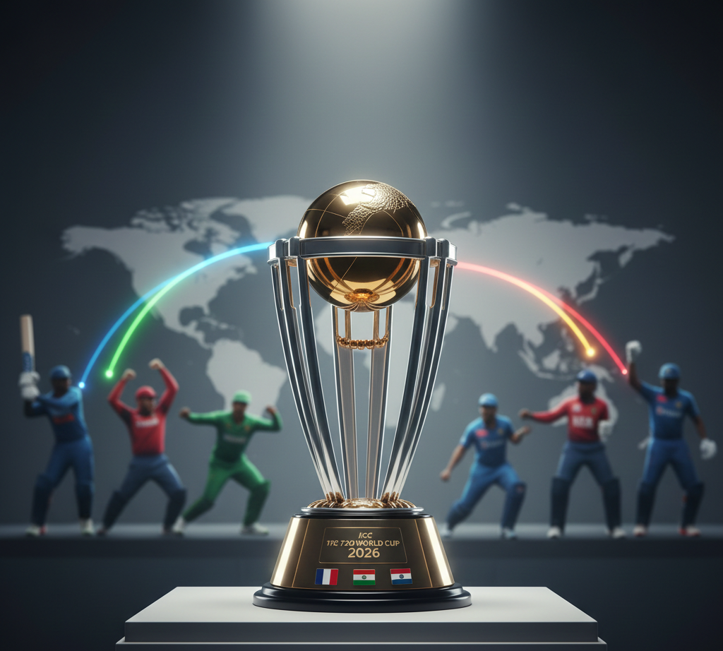 ICC Men’s T20 World Cup trophy displayed with global player silhouettes and colorful arcs symbolizing international competition.