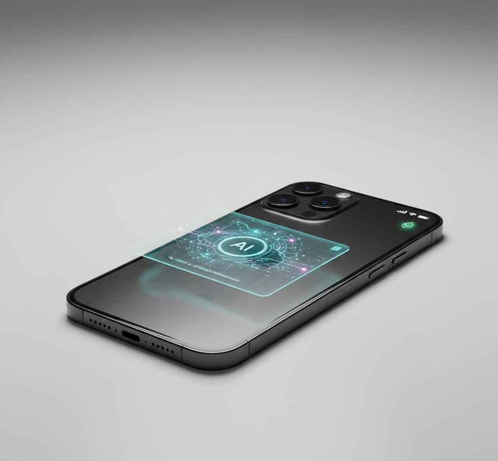 A sleek, dark gray iPhone 18 Pro Max lying flat on a minimalist surface, featuring a holographic AI interface floating above the screen and a glowing leaf icon representing energy efficiency.