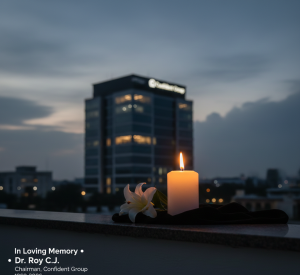 A respectful tribute image featuring a single lit candle and a white lily on a balcony ledge at dusk. In the soft-focus background, the multi-story Confident Group corporate headquarters is illuminated against a dark evening sky.