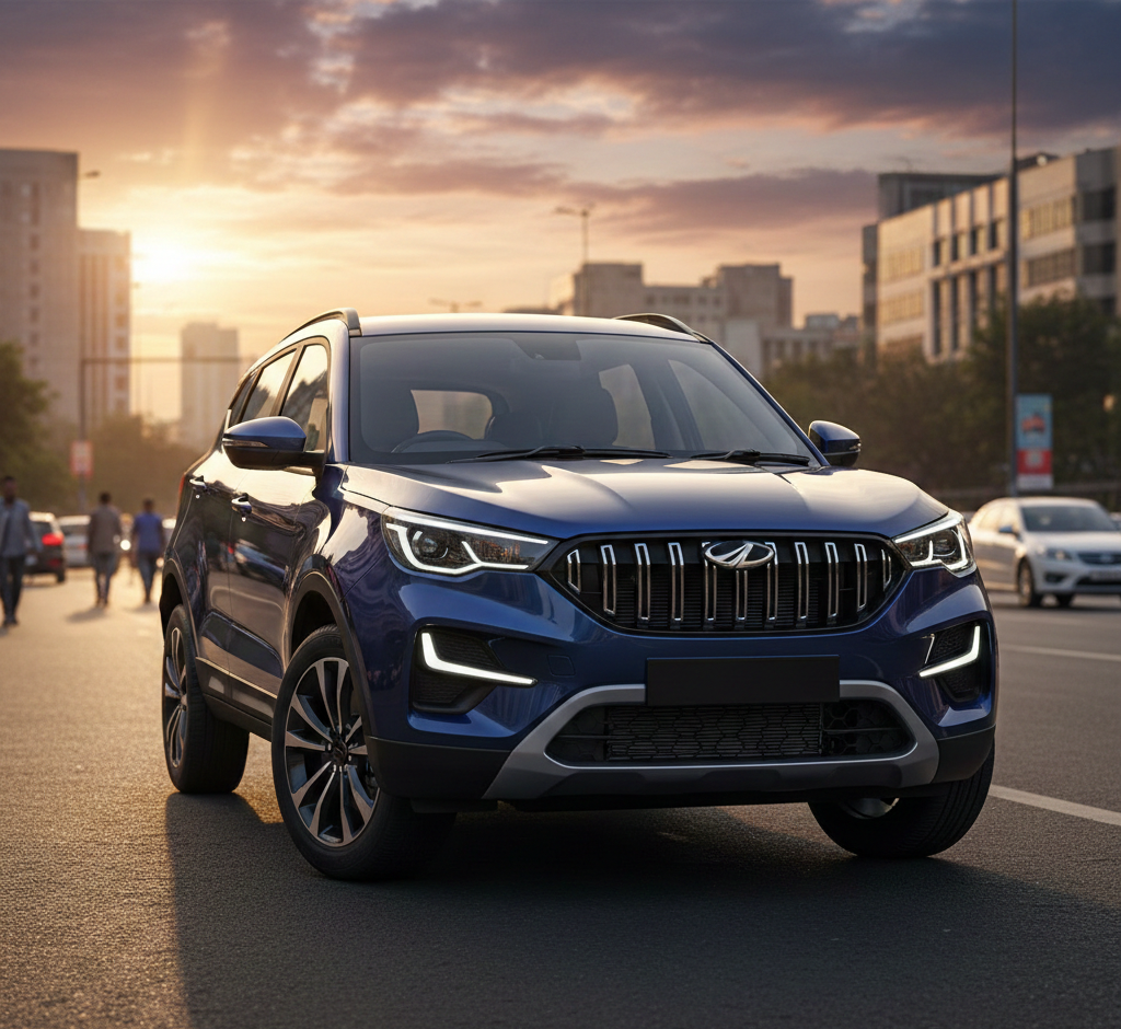 Mahindra XUV 7XO compact SUV front profile showcasing bold grille and LED DRLs in daylight