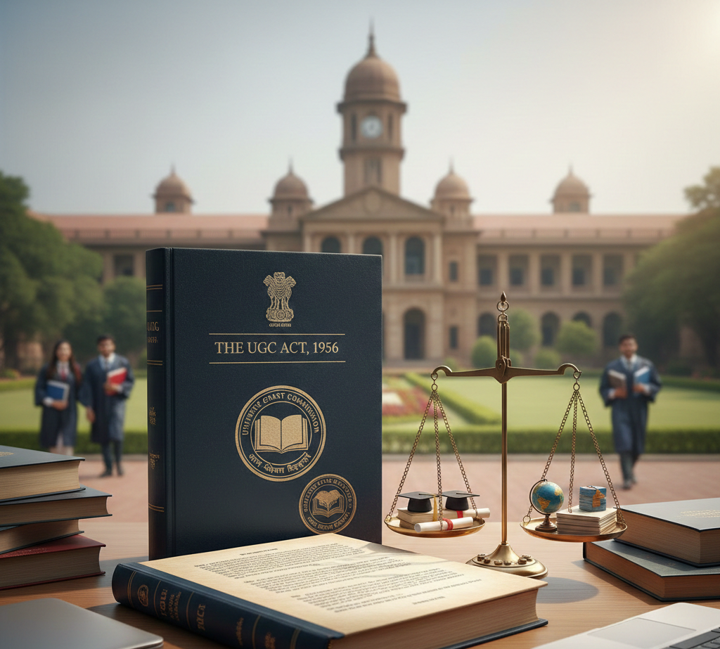 A professional editorial-style photograph featuring a legal book titled "The UGC Act, 1956" on a desk, with scales of justice and academic symbols, set against the blurred backdrop of a classic Indian university campus.