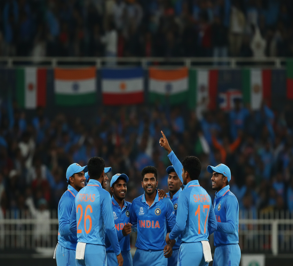 Indian Under-19 cricket team celebrating a wicket during an ICC U19 Cricket World Cup match in a packed stadium.