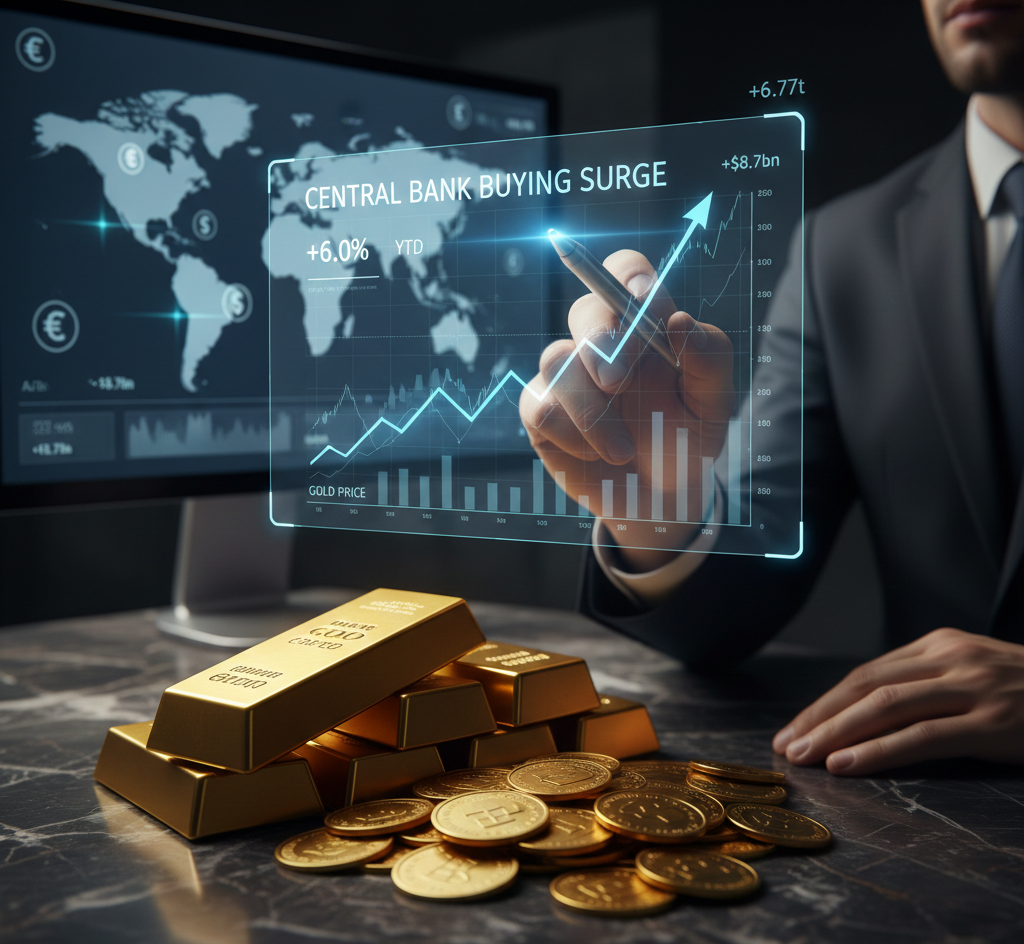 An analyst in a suit interacting with a digital interface showing a "Central Bank Buying Surge" chart with a +6.0% YTD gain, set against a desk with gold bars and coins.