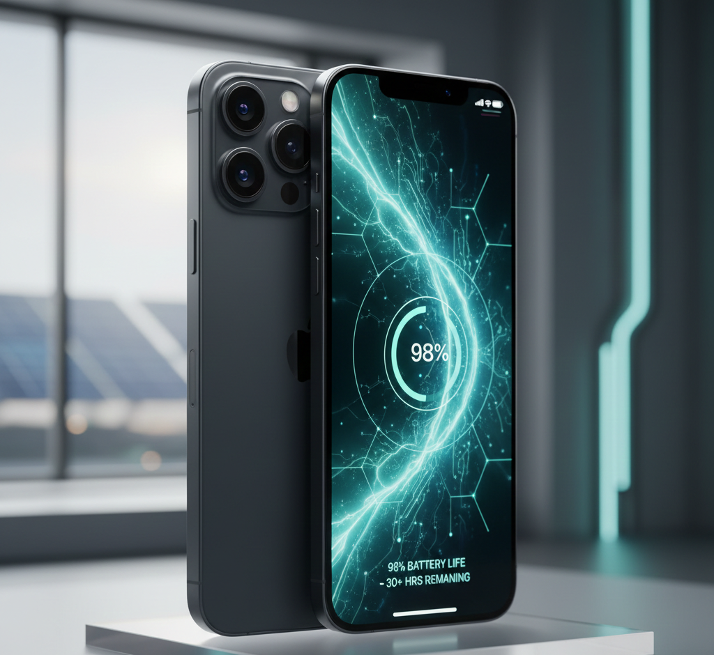 A photorealistic concept image of the dark gray titanium iPhone 18 Pro Max standing on a glass surface, showcasing its edge-to-edge display with futuristic AI graphics and a triple-lens camera module.