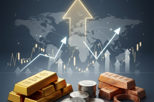 Gold bars, silver coins, and copper ingots displayed with rising arrows and global market charts indicating a worldwide metals price surge.