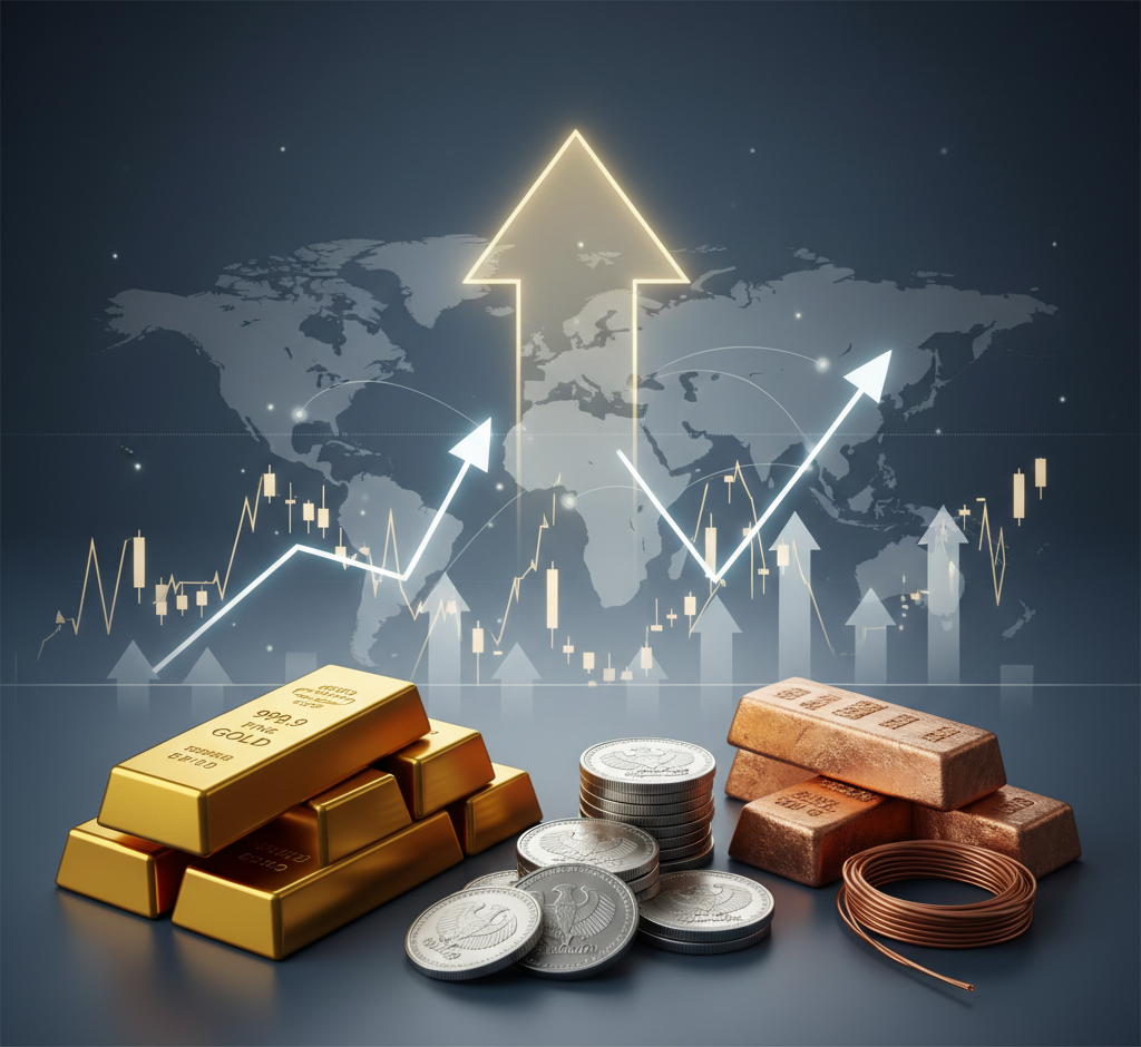 Gold bars, silver coins, and copper ingots displayed with rising arrows and global market charts indicating a worldwide metals price surge.
