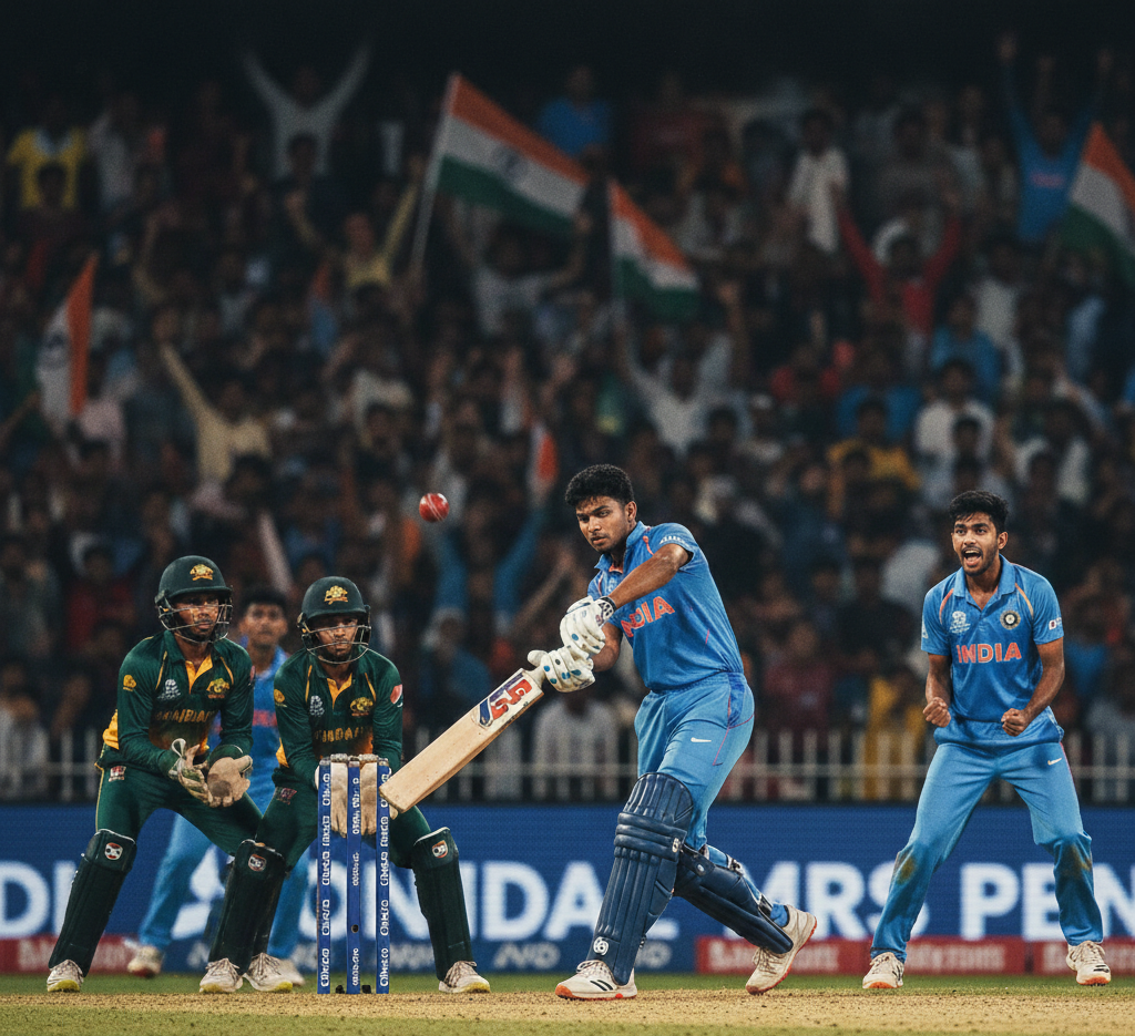 Indian Under-19 cricketer playing a powerful shot during an international U19 World Cup match as teammates and opposition fielders react in a packed stadium.