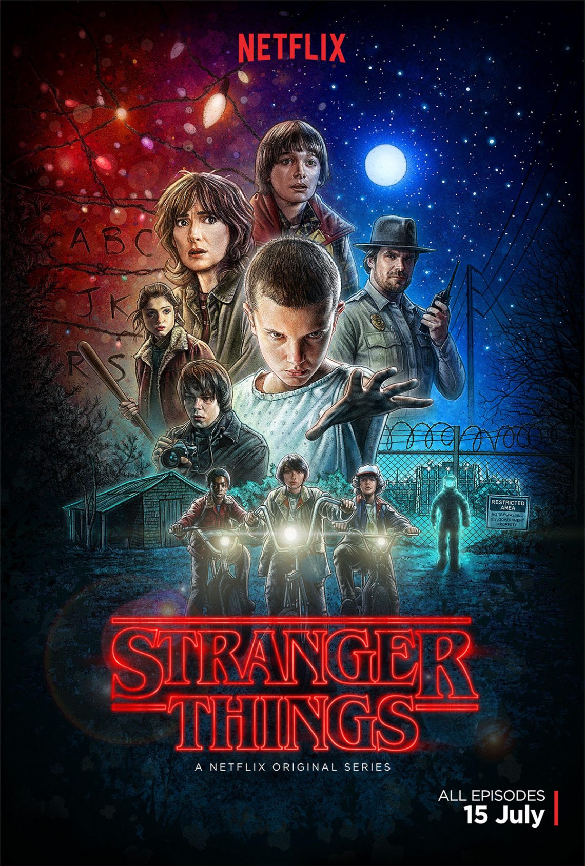 Stranger Things Netflix series poster showing main characters from Hawkins and the Upside Down