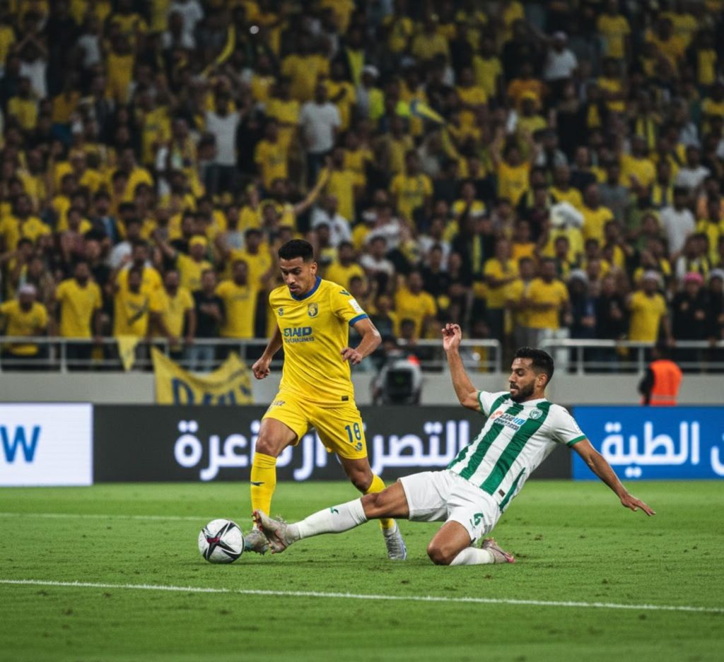 Al-Nassr player dribbles the ball as an Al-Taawoun defender slides in to challenge during a Saudi Pro League match.