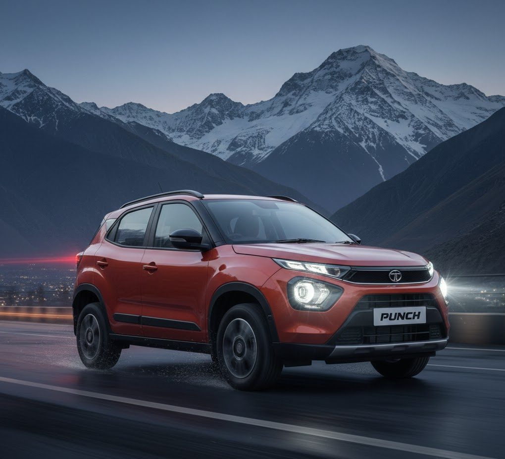 Tata Punch compact SUV driving on a mountain road at dusk, showcasing rugged exterior design and LED headlamps
