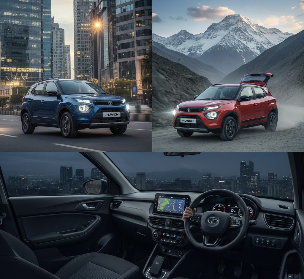 Tata Punch compact SUV shown in urban and mountain settings with modern exterior design and premium interior dashboard”