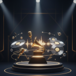 Grammy trophy displayed on a stage surrounded by microphones, vinyl records, and sound waves under spotlight lighting.