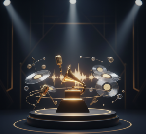 Grammy trophy displayed on a stage surrounded by microphones, vinyl records, and sound waves under spotlight lighting.