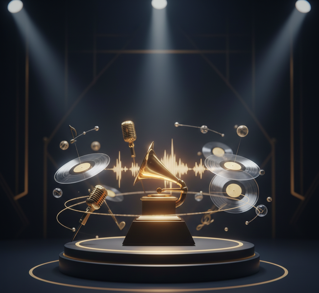 Grammy trophy displayed on a stage surrounded by microphones, vinyl records, and sound waves under spotlight lighting.