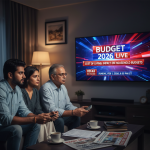 Indian family watching Budget 2026 live on television, focusing on cost of living and household budget impact.