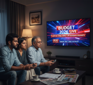Indian family watching Budget 2026 live on television, focusing on cost of living and household budget impact.