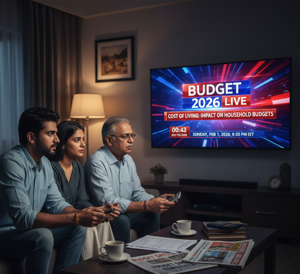 Indian family watching Budget 2026 live on television, focusing on cost of living and household budget impact.