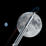 NASA Artemis rocket travels toward the Moon with Earth visible in the background during a lunar mission.