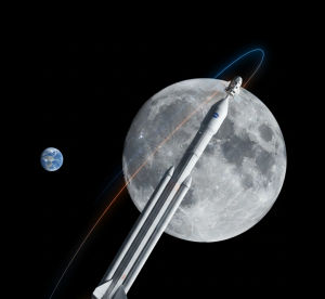 NASA Artemis rocket travels toward the Moon with Earth visible in the background during a lunar mission.