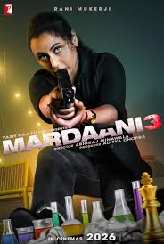 Mardani 3 poster showing a determined woman police officer aiming a gun amid crime scene elements.
